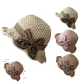 thumbnail image 1 of Versatile Retro Woven Handmade Straw Hat with Ruffled Bow, Straw Bucket Hats for Women Beige, 1 of 6