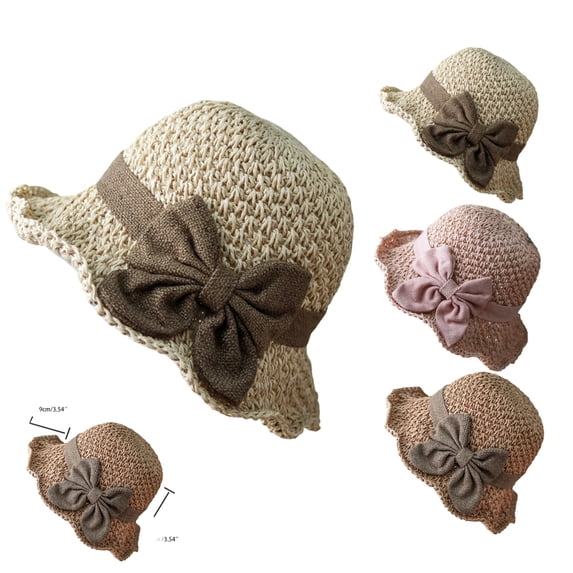 Versatile Retro Woven Handmade Straw Hat with Ruffled Bow, Straw Bucket Hats for Women Beige