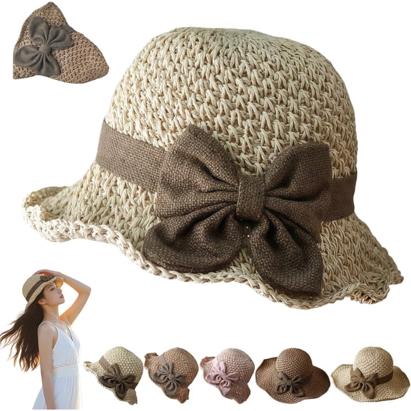 Versatile Retro Woven Handmade Straw Hat with Ruffled Bow, Womens Straw Bucket Foldable Wide Brim Floppy Beach