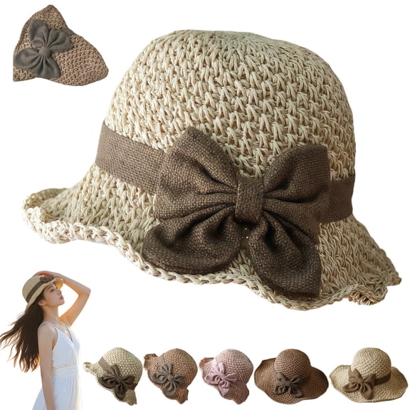 Versatile Retro Woven Handmade Straw Hat with Ruffled Bow, Womens Straw Bucket Foldable Wide Brim Foldable Breathabl