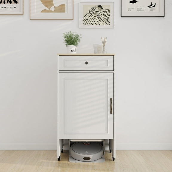 Versatile Robot Vacuum Stand Cabinet On Wheels Antique White With Storage For Living Room And Office Use