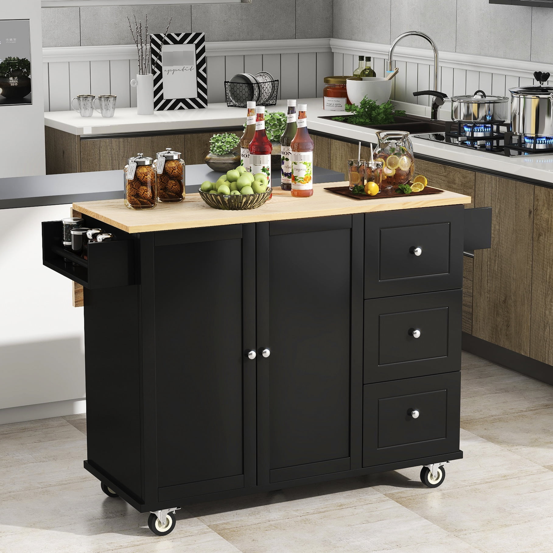Versatile Rolling Kitchen Island: Solid Wood Top, Locking Wheels ...