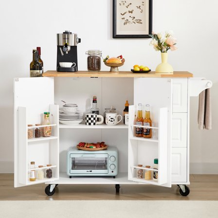 Versatile Rolling Kitchen Island With Storage Cabinet And Countertop, White Cabinet, Removable Shelves, Expandable Drop Leaf Countertop