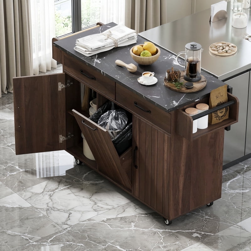 Versatile Rolling Kitchen Island with Trash Can Storage Cabinet, Indoor Kitchen Serving Cart with Drop Leaf, Racks & Drawers