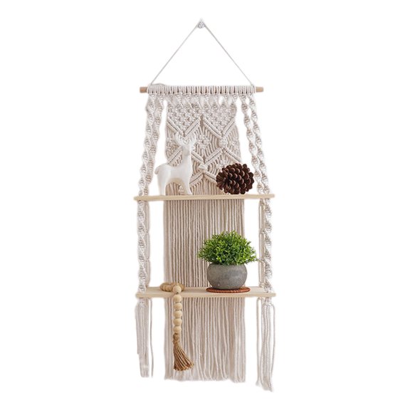 Versatile Rope Wall Shelf with Platforms Practical Fringes 2 Layer Woven Rope Floating Shelf for Small Plant Decor