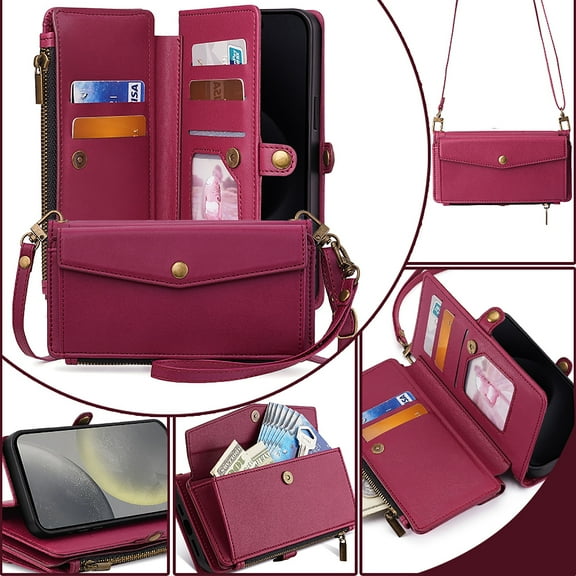 Versatile Samsung Galaxy Note 20 Ultra Case Cover, Multifunctional Phone Case for Samsung Galaxy Note 20 Ultra, with Zipper Pocket Shoulder Strap Hand Wrist Cards Holder Stand Feature Case, Red