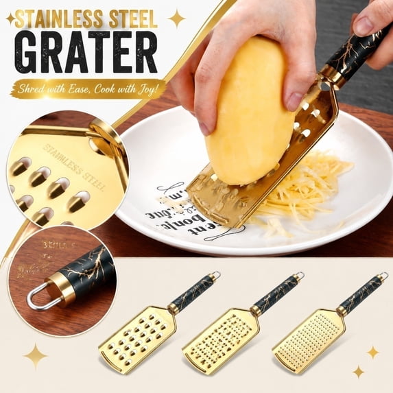 Versatile Shredder, Stainless Steel Vegetable Shredder, Cheese Shredder for Hard Parmesan, Handheld Cheese Grater, Stylish Gold Kitchen Utensils with Black Marble Decor Handle,