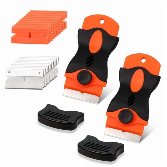 Versatile Single-Head Cleaning Scrapers, 2 Packs with 20 Blades 10 Plastic + 10 Metal  Removes Labels, Stickers, Paint, Glue; Safe for Glass, Windows, Cooktops and More