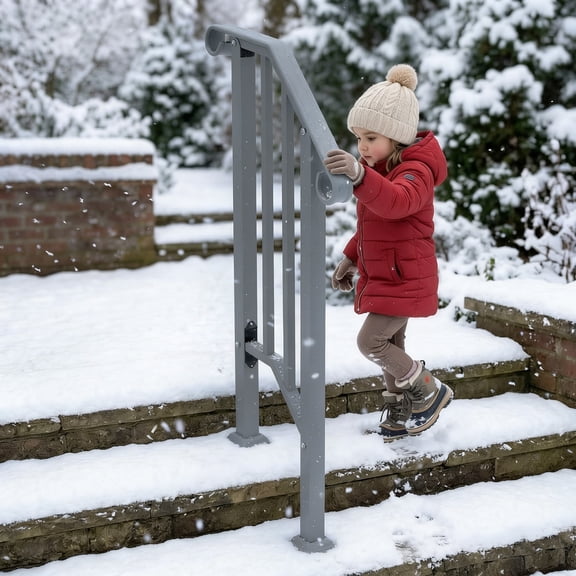 Versatile Single Step Outdoor Iron Handrail, Silver Transitional Safety Railing, Complete with Professional Installation Kit for Household Exterior Stair Application