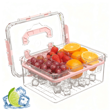 Versatile Snackle Box Container, Chilled Serving Tray with Handle, Chilled Condiment Server with 3 Separate Containers, Fruit Platter Tray for Parties, Road Travel, Fruit, Veggies and Snacks