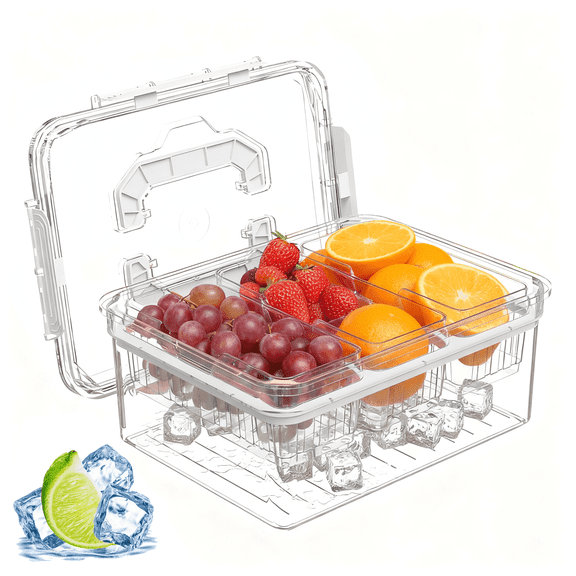 Versatile Snackle Box Container, Chilled Serving Tray with Handle, Chilled Condiment Server with 3 Separate Containers, Fruit Platter Tray for Parties, Road Travel, Fruit, Veggies and Snacks, White
