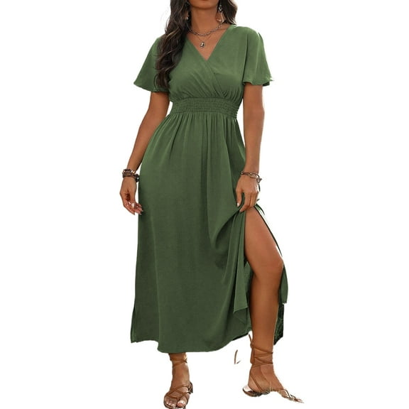 Versatile Solid Color Plus Size Dress - Ruffle Sleeves and Longline Design for Weddings and Casual Wear | [ZhiHiMeRi] | (US 22W-24W)3X