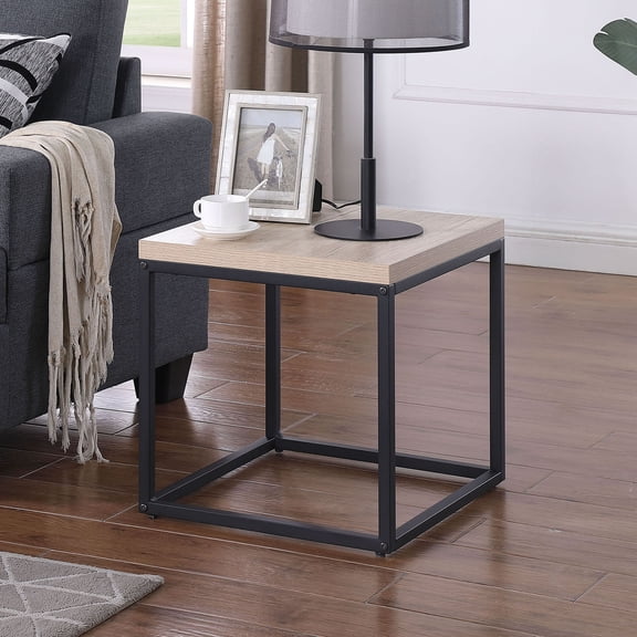 Versatile Square Wood And Metal Side Table In Natural Oak - Ideal Small Nightstand For Living Room And Bedroom Spaces