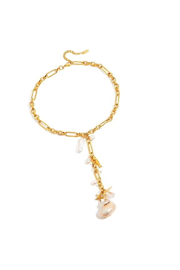 Versatile Stackable Pearls Shell Pendant Necklace Stainless Steel Y Chain Designs For Casual Or Formal Outfits