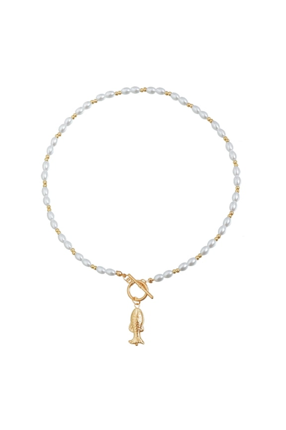 Versatile Statement Fish Charm Necklace Clavicle Chain Adorned with Faux Pearls Strands and OT Clasp Design