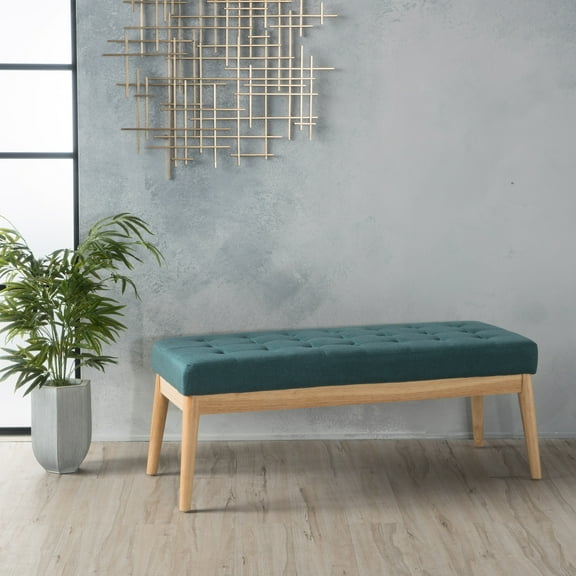 Versatile Teal With A Soft Fabric Cover And Stable Birch Wood Leg Construction Elegant Bench, Upholstered Support