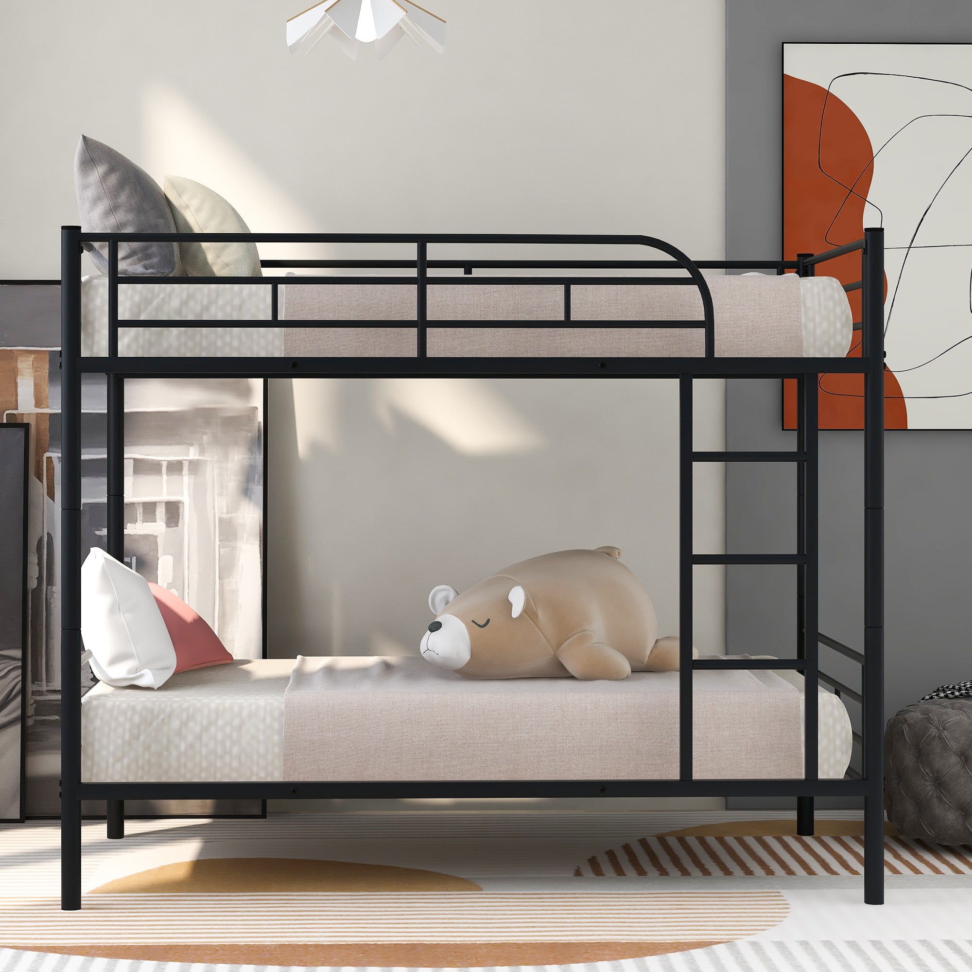 Versatile Twin Over Twin Bunk Bed with Stair Twin Over Twin Metal Bunk Beds with Full Length Guardrail Assemble Easily Black