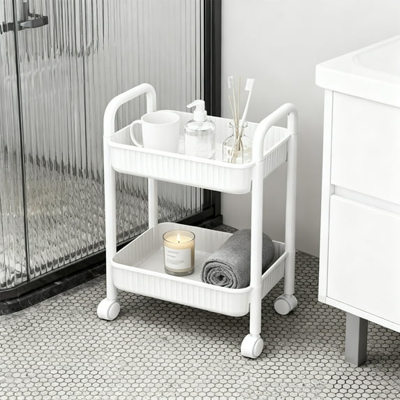 Versatile Two-Tier Rolling Storage Cart with Locking Swivel Casters - Organizes Kitchen, Office, Bedroom Spaces - Easy Mobility & Secure Stability for Home Essentials