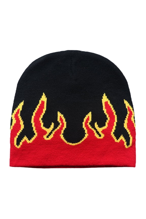 Versatile Unisex Knit Skull Hat with Flame Pattern Weaving Hat for Outdoor Activities and Street Fashion