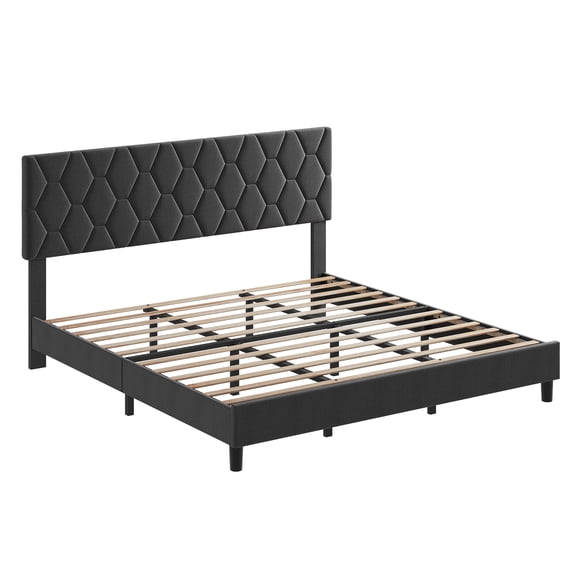 Versatile Upholstered Bed Frame Adjustable Fabric Headboard, Heavy Duty Platform Strong Wooden Slats No Box Spring Noise Free