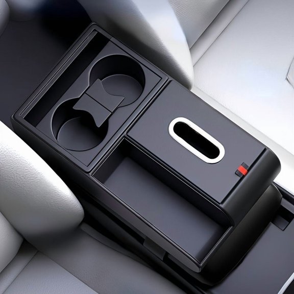 Versatile Vehicle Center Console Organizer with Built-in Tissue Dispenser, Beverage Holder, and Dedicated Compartments for Eyewear, Mobile Devices, and Keys