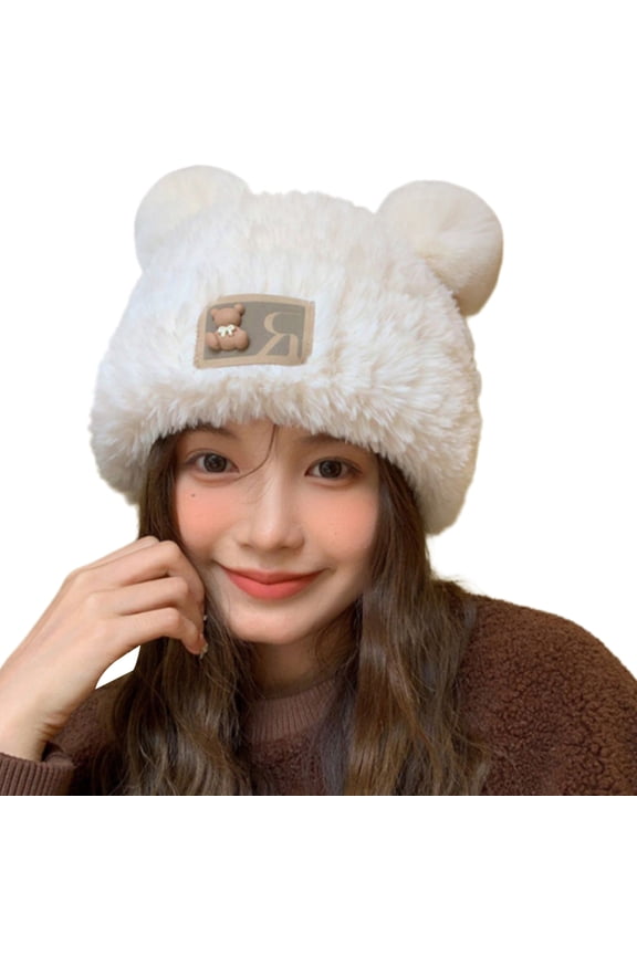 Versatile White Bear Hat with Ear Furry Caps Cartoon Ear Hat Color Winter Plush Hat for Casual Wear