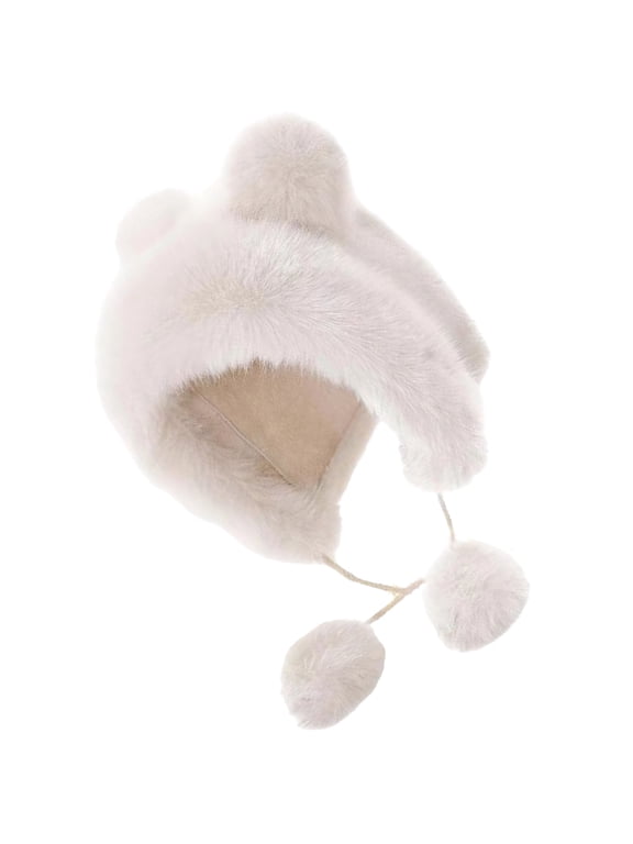 Versatile White Bear Hat with Ear Furry Caps Cartoon Ear Hat with Pompoms Winter Plush Hat for Casual Wear