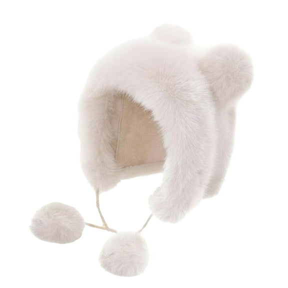 Versatile White Bear Hat with Ear Furry Caps Cartoon Ear Hat with Pompoms Winter Plush Hat for Casual Wear