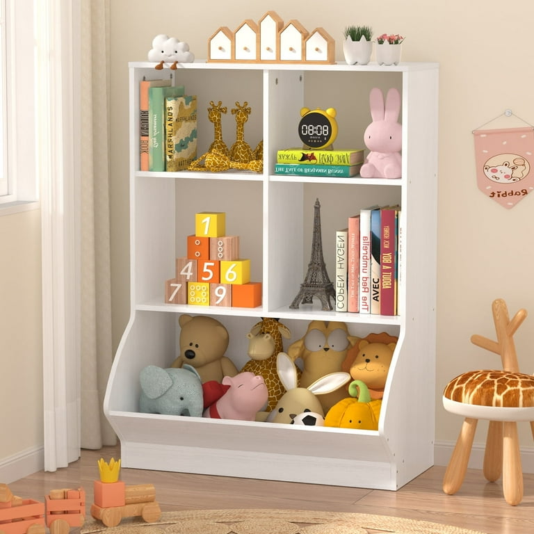 Kid s Cubby Toy Storage Cabinet Wood Toy Organizer of 5 Bins Children s White Bookcase Kids Bookshelf for Bedroom Living Room