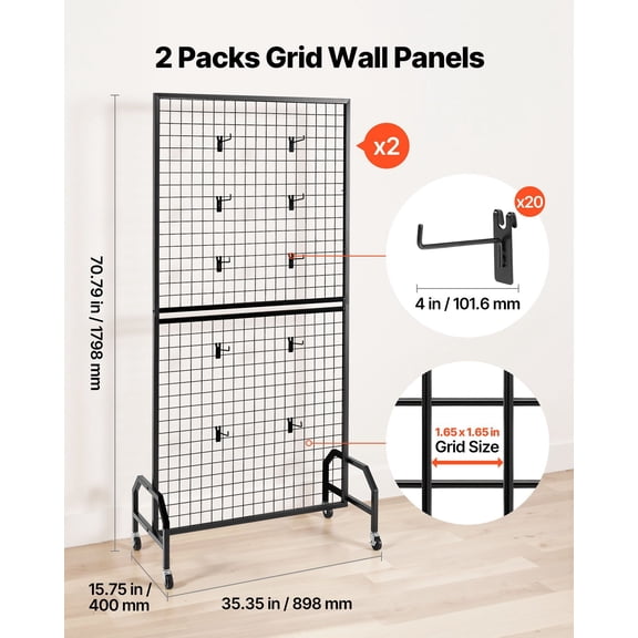 Versatile Wire Grid Panel with Casters, 2-Pack Large Display Screen, Movable Shelf for Booth, Flea Market, Notice Board (Black)
