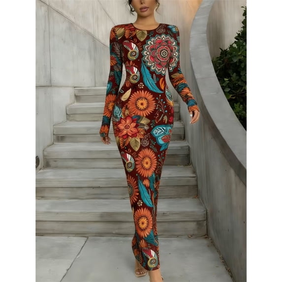 Versatile Women Stretchy Printed Maxi Bodycon Long Sleeve Dress