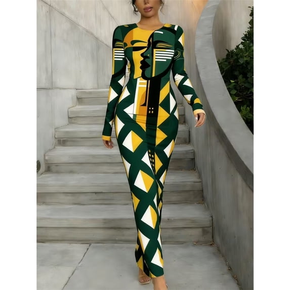 Versatile Women Stretchy Printed Maxi Bodycon Long Sleeve Dress