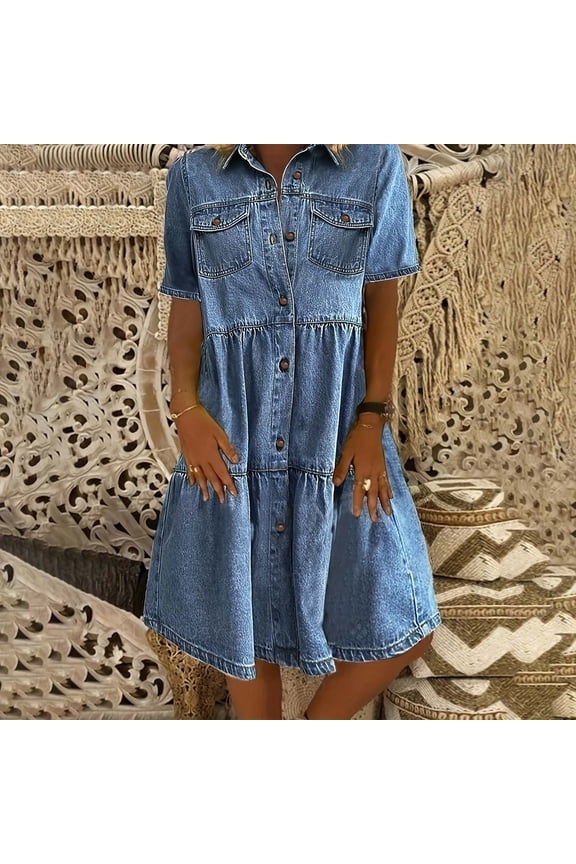 Versatile Women's Casual Dress For And Vacation Short Sleeve Denim Design Solid Color For Spring Summer And Fall Casual Fall Dresses Knit Dress Summer Long Dresses for Women Petite Dresses J Gee
