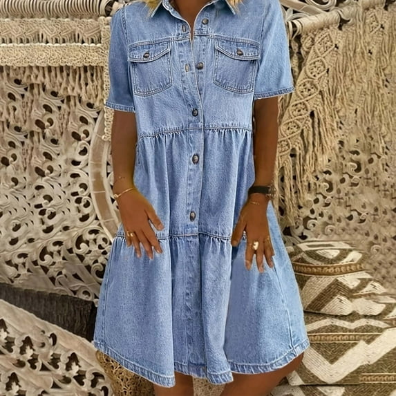 Versatile Women's Casual Dress For And Vacation Short Sleeve Denim Design Solid Color For Spring Summer And Fall Casual Fall Dresses Knit Dress Summer Long Dresses for Women Petite Dresses J Gee