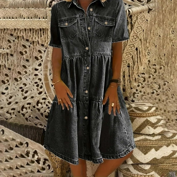 Versatile Women's Casual Dress For And Vacation Short Sleeve Denim Design Solid Color For Spring Summer And Fall Short Wrap Dresses Fashion Dresses for Women Summer High Neck Dress for Women Tee Shirt