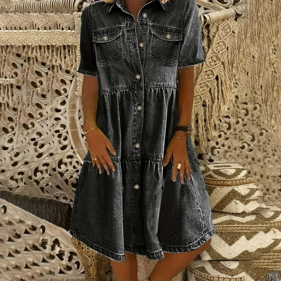 Versatile Women's Casual Dress For And Vacation Short Sleeve Denim Design Solid Color For Spring Summer And Fall Short Wrap Dresses Fashion Dresses for Women Summer High Neck Dress for Women Tee Shirt