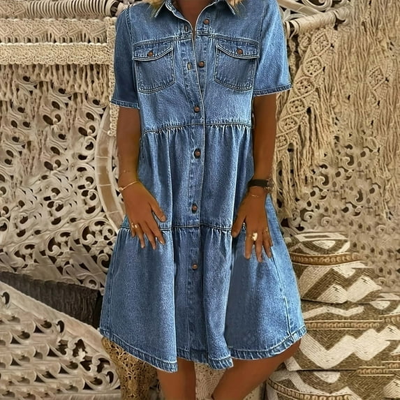 Versatile Women's Casual Dress For And Vacation Short Sleeve Denim Design Solid Color For Spring Summer And Fall Short Wrap Dresses Fashion Dresses for Women Summer High Neck Dress for Women Tee Shirt