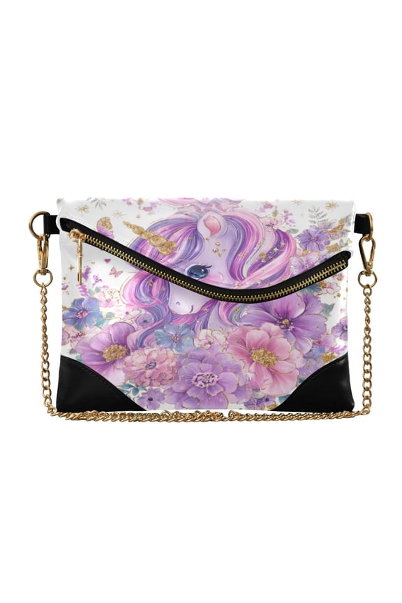 Versatile Women's Clutch - Waterproof PU Leather with Magnetic Closure and Detachable Strap Delicate Unicorn Pattern