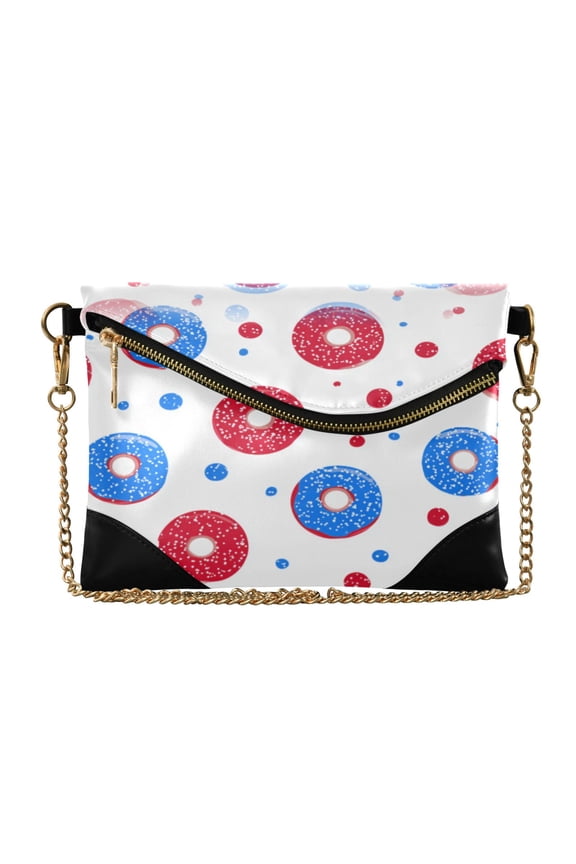 Versatile Women's Clutch - Waterproof PU Leather with Magnetic Closure and Detachable Strap Fun Red Blue Donut Print
