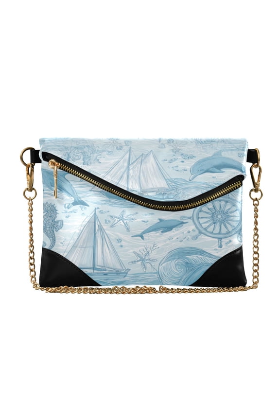 Versatile Women's Clutch - Waterproof PU Leather with Magnetic Closure and Detachable Strap Light Blue Dolphins Nautical Pattern