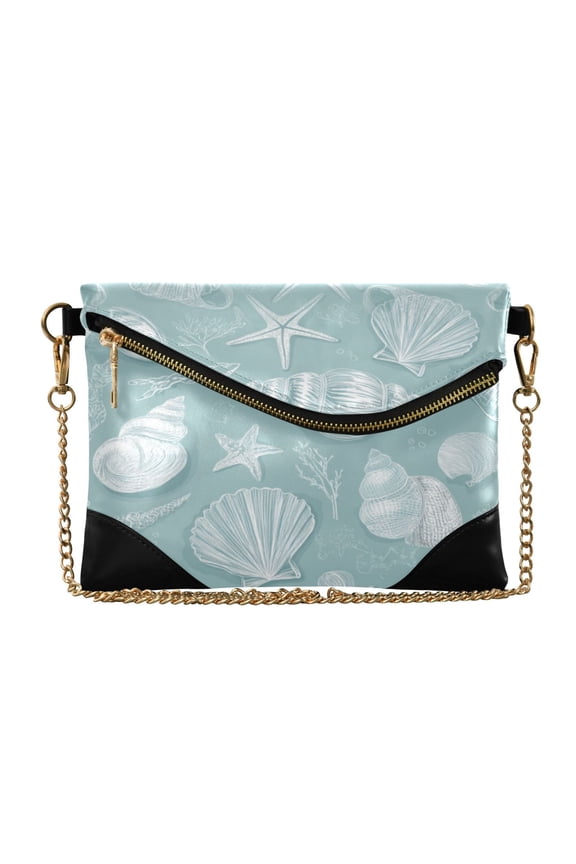 Versatile Women's Clutch - Waterproof PU Leather with Magnetic Closure and Detachable Strap Light Blue Seashells Pattern