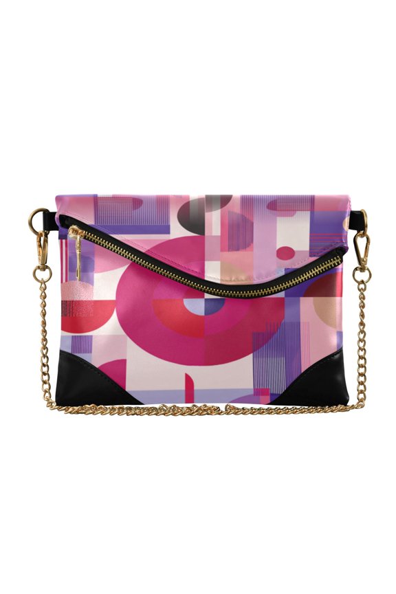Versatile Women's Clutch - Waterproof PU Leather with Magnetic Closure and Detachable Strap Pink and Purple Record Pattern