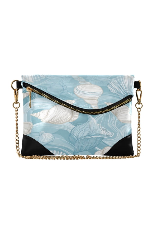 Versatile Women's Clutch - Waterproof PU Leather with Magnetic Closure and Detachable Strap Seashells and Sea Waves Pattern