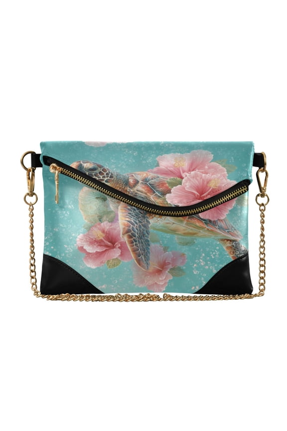 Versatile Women's Clutch - Waterproof PU Leather with Magnetic Closure and Detachable Strap Turtle with Pink Hibiscus Flowers