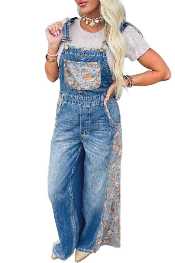Versatile Women's Denim Wide Leg Overalls in Peacock Blue – Floral Patchwork for Effortless Style, M