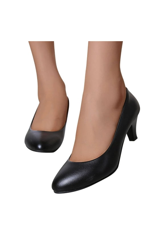 Versatile Women's Medium Heel Work Shoes Classic Four Season Shallow Slip-On Solid Color Leather Pumps for Office or Daily Wear Stylish Finds for Less