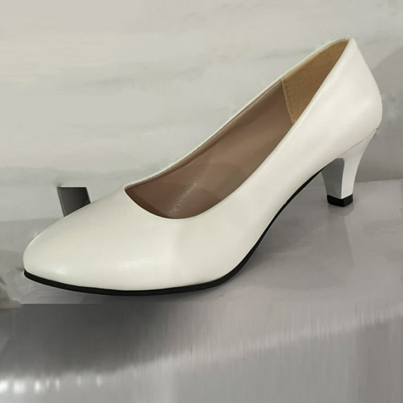 Versatile Women's Medium Heel Work Shoes Classic Four Season Shallow Slip-On Solid Color Leather Pumps for Office or Daily Wear Gift