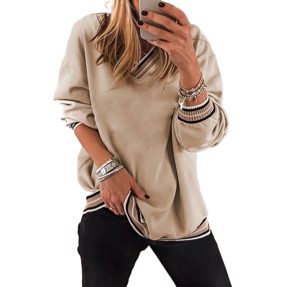 Versatile Women's Parchment Varsity Sweatshirt Featuring Striped V-Neck Trim – Effortless Casual Look for Autumn Days | M