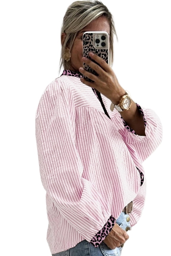 Versatile Women's Pink Stripe and Leopard Patchwork Shirt – Modern Long Sleeve Design for Any Occasion, M