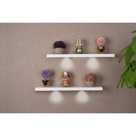 SkyMall Versatile White Wood Wall Shelves with LED Lights (2-Pack)
